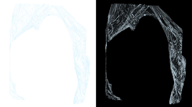 Crumpled plastic texture overlay, transparent wrinkled cellophane wrap, high-contrast plastic film distortion for graphic design
