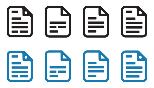 Black and blue paper document icon set showing text paragraph layouts and folded corners for digital office filing.