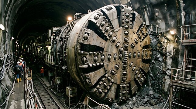 Tunnel boring machine working in a subterranean mountain construction site