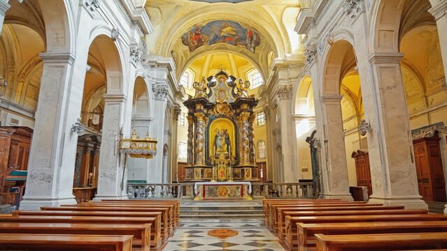 Grand Baroque Interior of Catholic Church with Ornate Altar and Rows of Wooden Pews, Religious Architecture