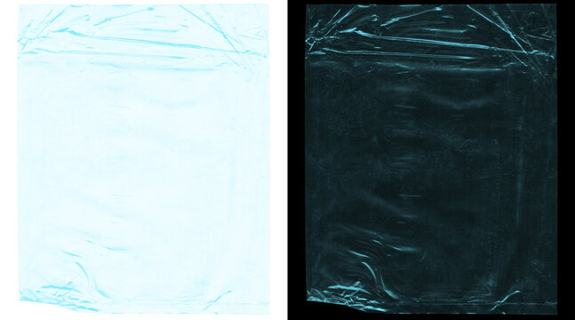 Crumpled plastic texture background, light blue and dark cyan wrinkled film overlay, abstract creased cellophane material for graphic design