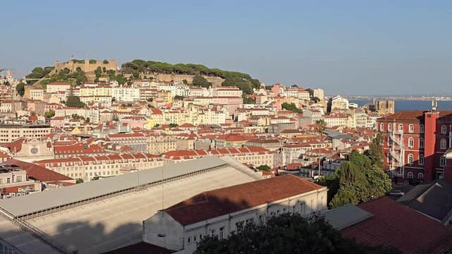 View of the city of Lisbon with the Saint George Castle (Sao Jorge Castle) and the Tagus river in the background