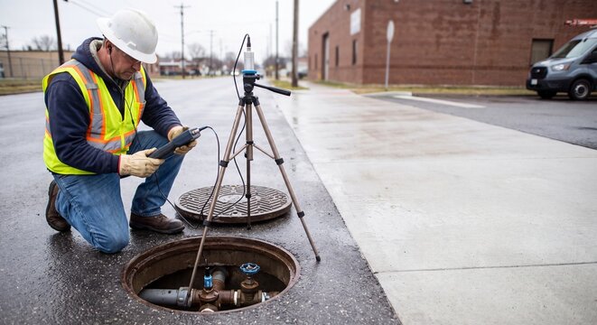 A utility worker in a high-visibility vest and hard hat kneeling beside an open manhole to perform surveying work with a tripod-mounted instrument on a city street