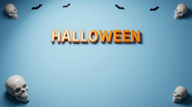 Minimalist halloween background featuring human skulls and small bats on a clean light blue surface