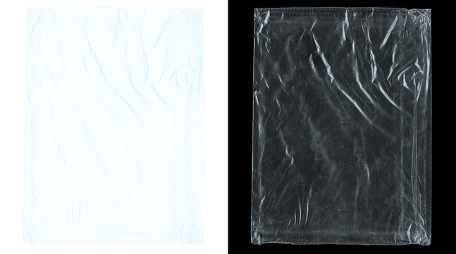 Transparent plastic wrap texture, wrinkled cellophane overlay on black and white background, realistic cling film mockup for packaging design