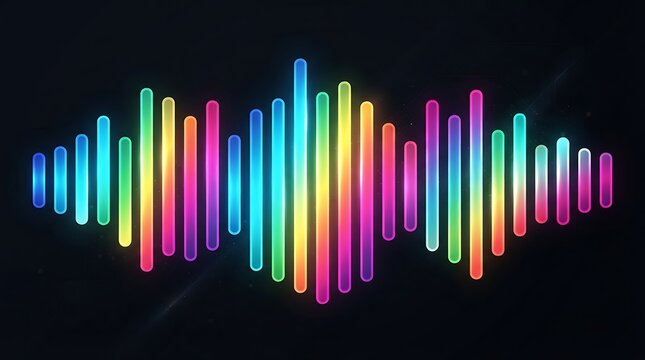 vibrant equalizer bars pulsate with rainbow colors against a dark background, symbolizing audio or music visualization
