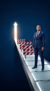 A person in a suit stands on a luminous pathway, confronting barriers blocking an upward arrow, symbolizing overcoming challenges for success.
