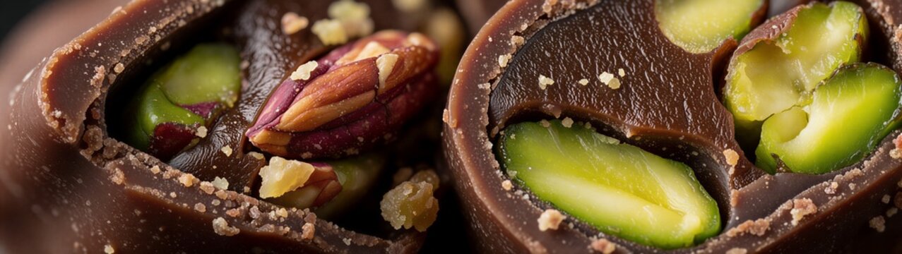 Chocolate truffles filled with pistachio nuts in closeup