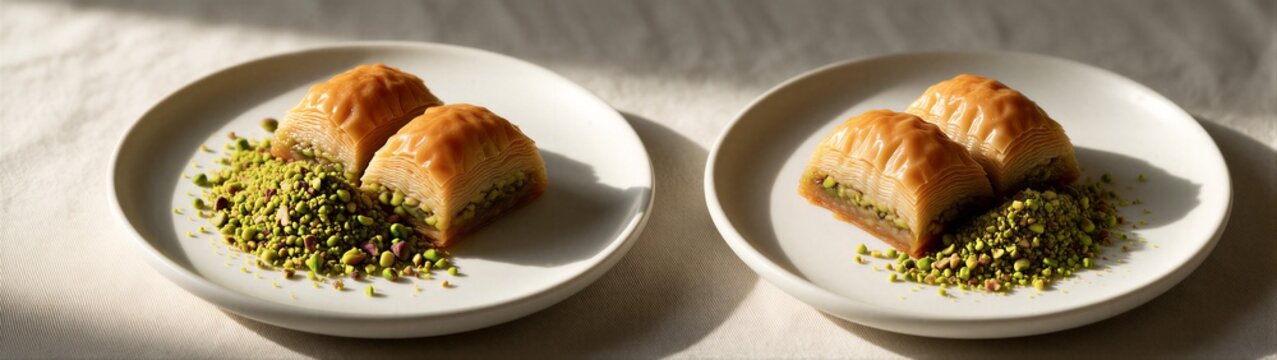 Baklava pastries arranged with crushed pistachios on plates