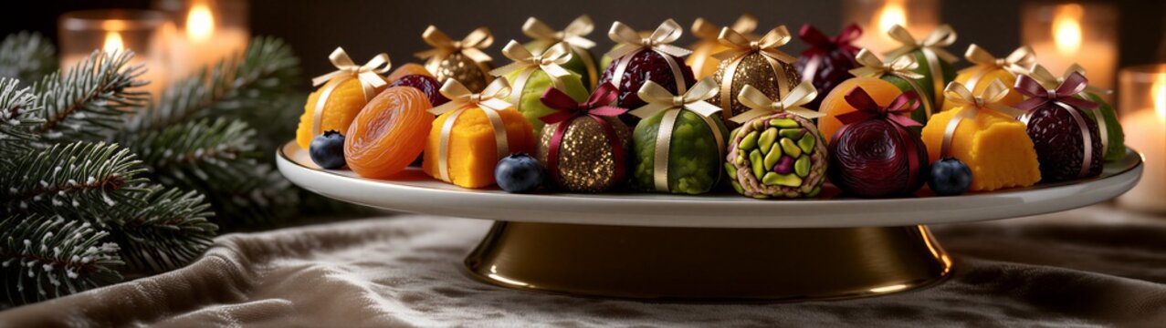 Assorted festive bonbons arranged on pedestal with evergreen