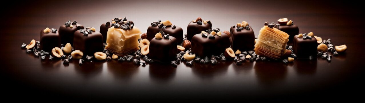 Assorted chocolate confections arranged on reflective surface