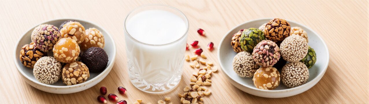 Assorted energy balls served with glass of milk on table