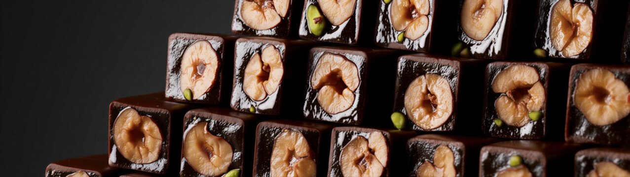 Chocolate squares filled with whole hazelnuts on black background
