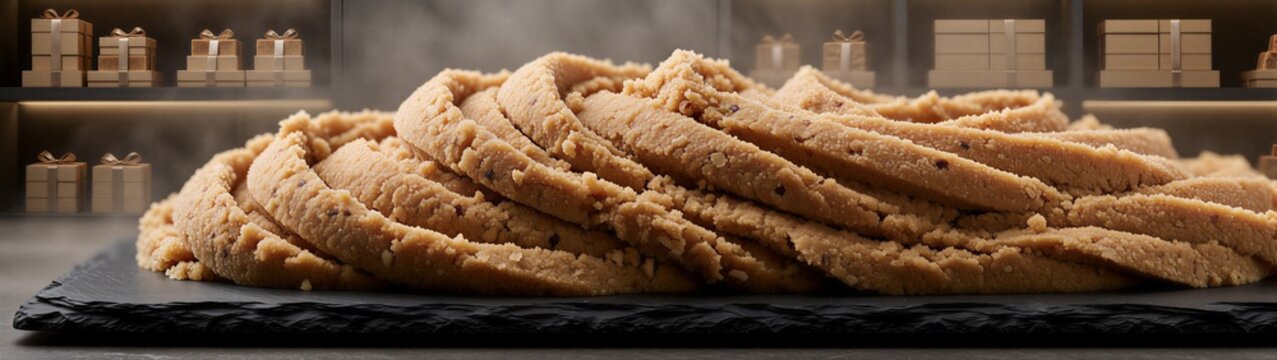 Sugar coated pastry twists arranged on slate serving counter