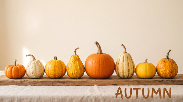 A row of assorted pumpkins and gourds on a wooden board, representing autumn harvest and seasonal decor, with free space for text
