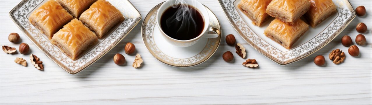 Baklava pieces served with steaming coffee on tabletop