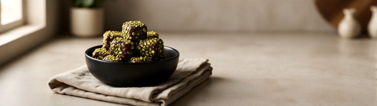 Pistachio coated energy bites placed on cloth near window