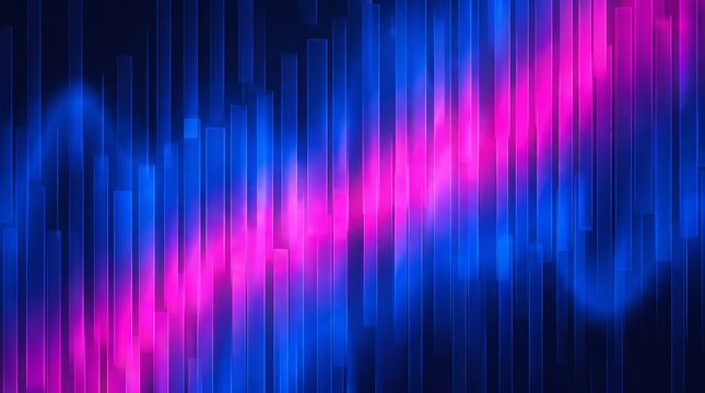 Dynamic diagonal wave of glowing neon bars in blue and magenta hues with glowing lights vertical lines futuristic design colorful gradien