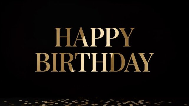 Elegant golden happy birthday text on black background with confetti motion in cinematic style for celebrations.