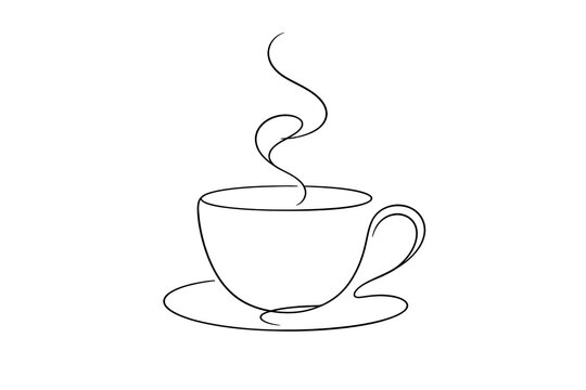 Minimalist black vector line art of a single teacup with delicate steam rising