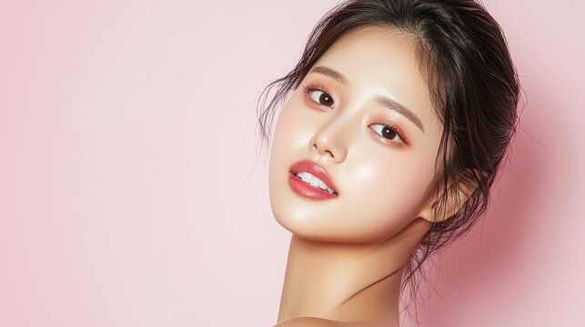 Beautiful Asian woman with flawless skin poses gracefully against soft pink background, radiating confidence and elegance