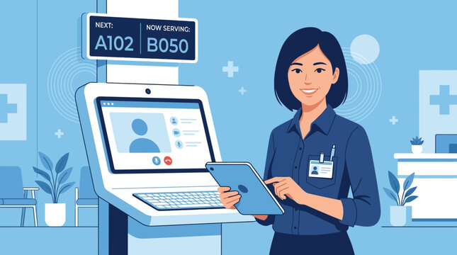 Woman with tablet at clinic waiting room check-in kiosk, healthcare concept