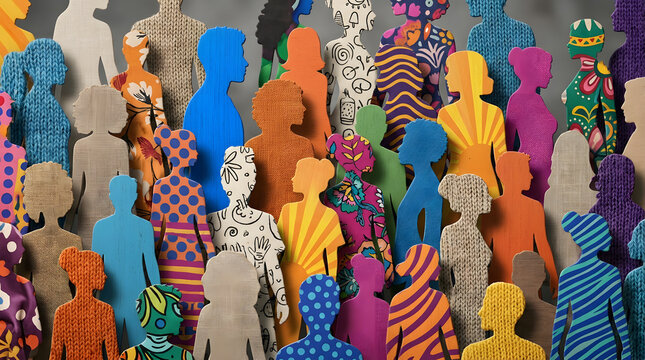 Patterned cardboard human figures representing a diverse community