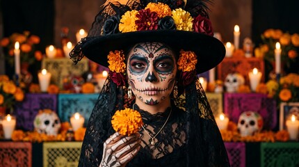 Fototapeta premium Woman with sugar skull makeup holding marigold flowers in candlelit setting