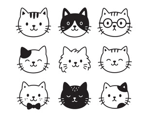 Fototapeta premium Hand drawn doodle outline cat face characters in monochrome grid with varied expressions, accessories, and markings