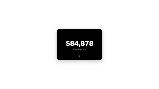 Minimalist digital widget with a dark card displaying a high total balance on a plain white background, concept for modern budget tracker app, ideal for personal finance tracking.