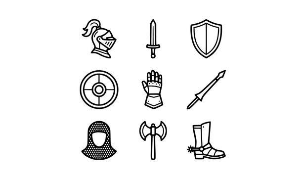 Medieval knight armor and weapons icon set with helmet sword shield and battle equipment