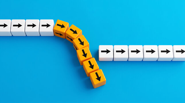White and orange cubes with arrows show a curve, representing change, divergence, or disruption from a standard path