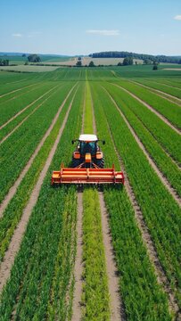 Agricultural Harvesting: Modern Tractor Cultivating Rows of Green Crop Field Under Bright Summer Sky