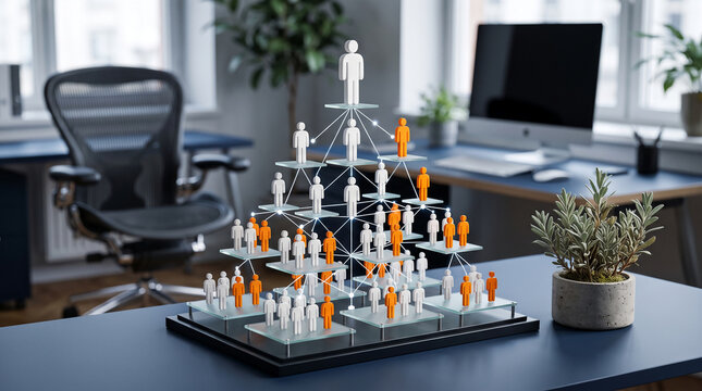 Organizational chart model with white and orange figures, symbolizing hierarchy and teamwork, in a modern office setting, showcasing business structure.