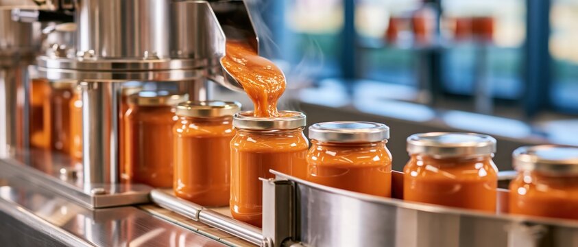 Glass jars filled with orange sauce on production line