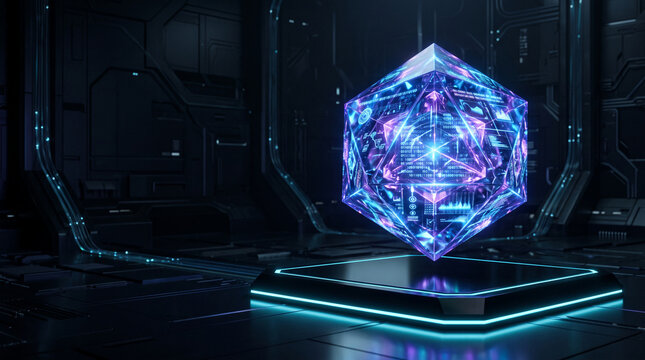 Holographic crystalline polyhedron showcasing digital data, symbolizing advanced technology, data visualization, and AI, presented on a glowing futuristic podium.