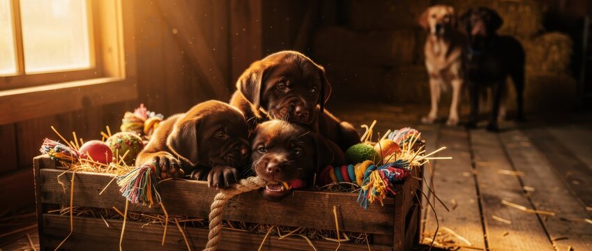 Adorable chocolate Labrador puppies play inside a wooden crate with toys. Sunlight streams into the rustic barn with adult dogs in background. Pet care concept ideal for veterinary marketing.