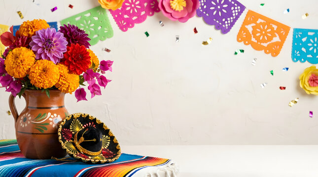 Colorful floral arrangement with traditional mexican festive decor