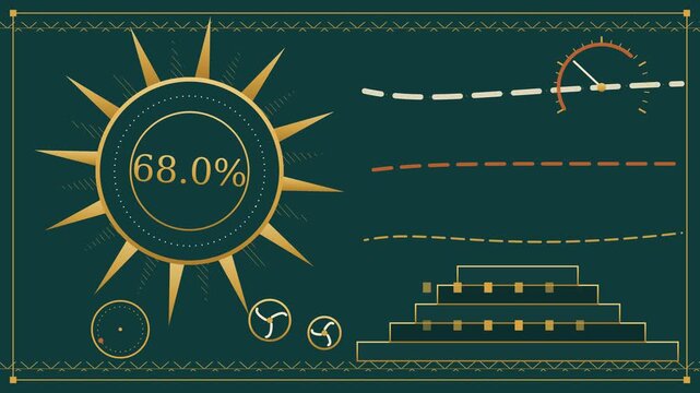 Renewable clean energy animation in art deco poster style with geometric sun rays wind turbines and glowing skyline