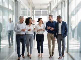 Obraz premium Diverse Group of Smiling Business Colleagues Walking and Talking Together in a Bright Modern Office Hallway