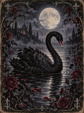 Gothic Swan Serenity: A solitary black swan glides on dark water under a full moon, with a gothic castle silhouetted in the background and dark roses framing the scene.