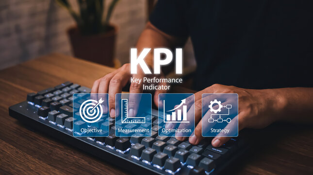 Businessman typing on a keyboard with kpi graphic overlay, focusing on key performance indicators, business strategy, measurement, and optimization