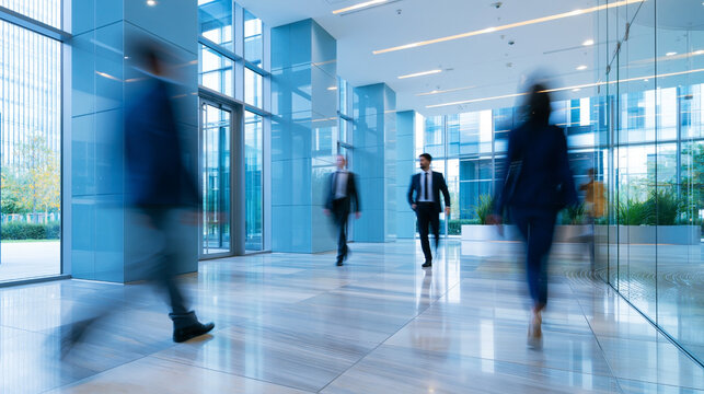 Business professionals in suits walking through a modern office lobby with glass walls, polished floors, and greenery visible in the background