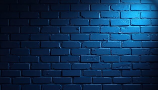 Dark blue brick wall with bright light beam background, texture for night mood