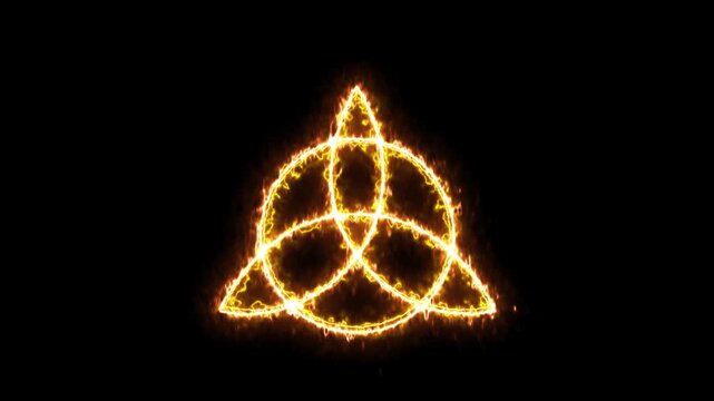Triquetra knot blazing with golden fire particles against pure black. Celtic trinity symbol forms through flames for spiritual, Irish, and mystical design themes.