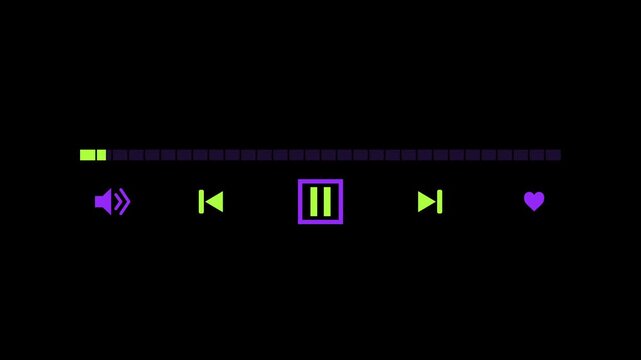 Retro arcade media player with pixelated green progress bar filling across frames. Purple speaker, pause, skip, and heart icons evoke 8-bit gaming nostalgia. Pixel art UI for games and streaming.