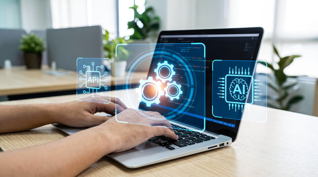 Person typing on a laptop with glowing holographic icons representing artificial intelligence, api, and software development in a modern office