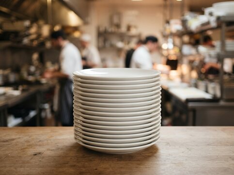 Stack of clean white plates on a wooden table in a restaurant kitchen.