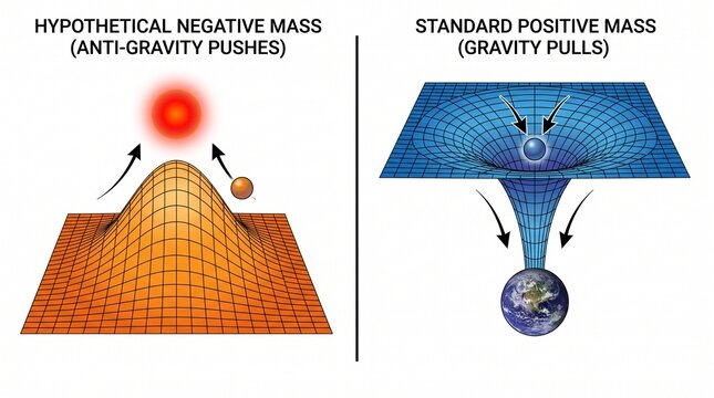 3D diagram of negative and positive mass effects on gravity and space-time curvature