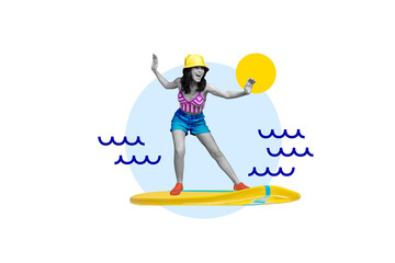 Fototapeta premium Creative picture collage young happy energetic girl traveler vacation summer time sunny weather wavy resort drawing background